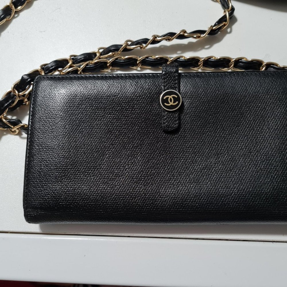 Crossbody Chanel Large Black Caviar Leather Long Wallet with a chain strap
